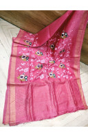 All Over Embroidery Work Stripes Pattern Pallu Design Pink Silk Linen Saree (KR1003)
